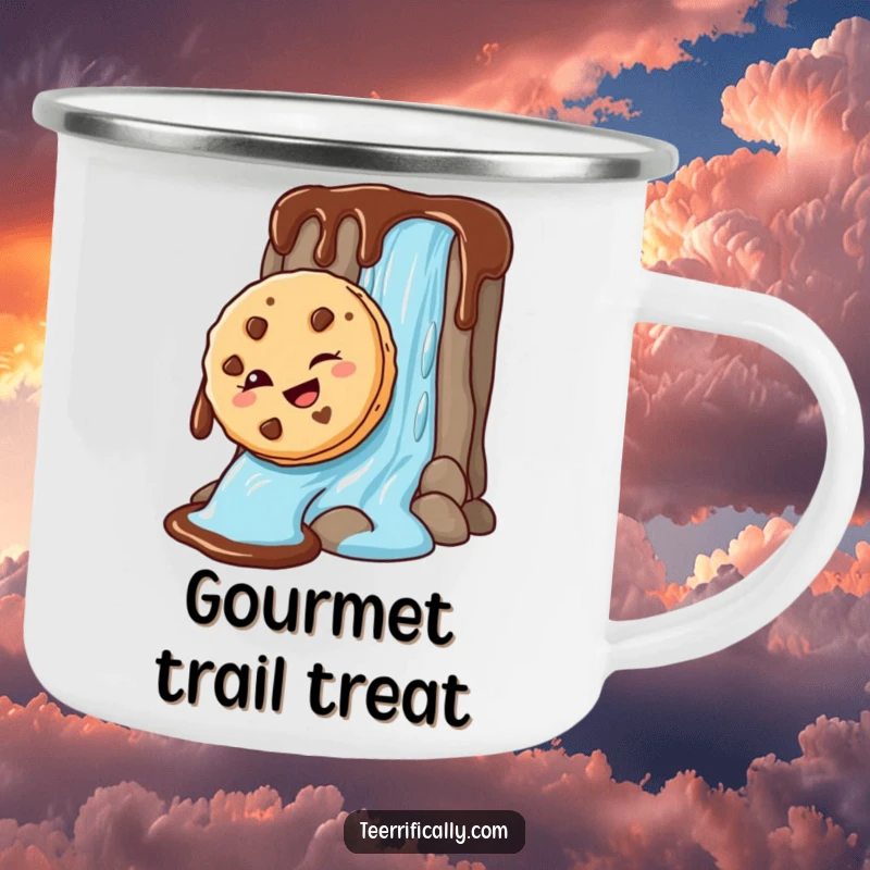 Funny Camping Mug featuring a mischievous cookie sliding down a chocolate waterfall, perfect for enjoying drinks outdoors with a humorous twist.