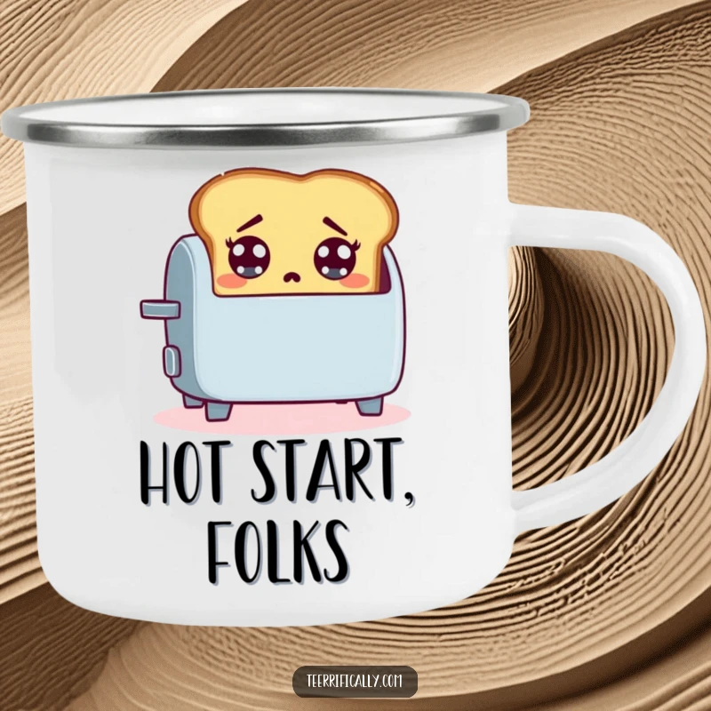 Funny camping mug featuring a startled slice of toast jumping out of a toaster, perfect for adding breakfast humor to outdoor adventures.