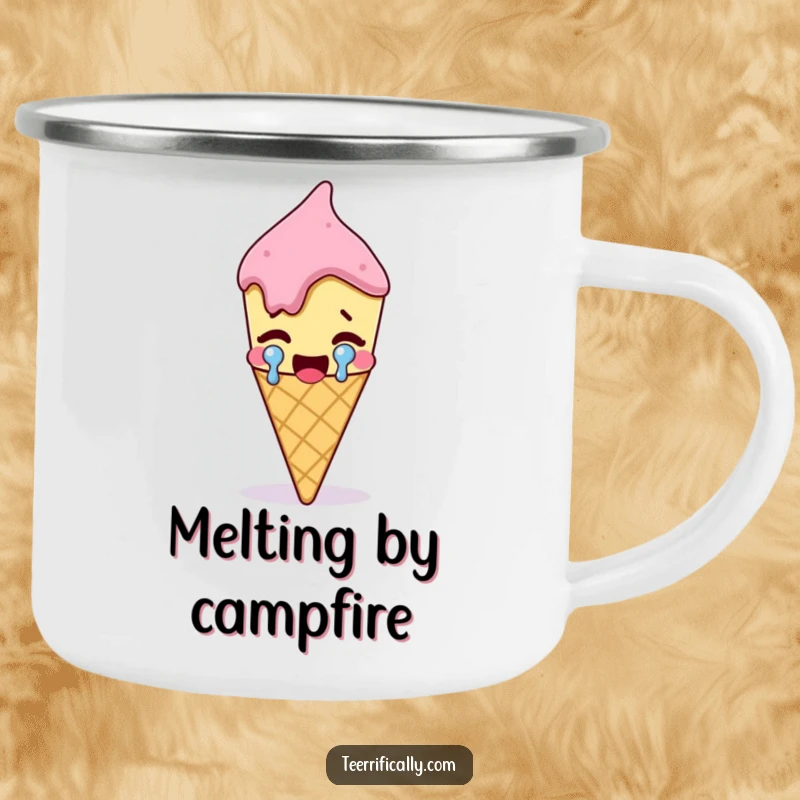 Funny melting ice cream cone shedding a large tear of joy, durable enamel camping mug, humorous outdoor gear, celebrating sweetness.