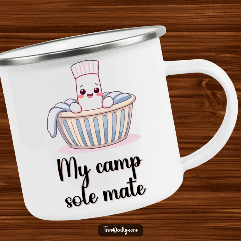 Funny Camping Mug featuring a pleased sock finding its mate in a laundry basket, perfect for enjoying drinks outdoors with a humorous and comforting twist.