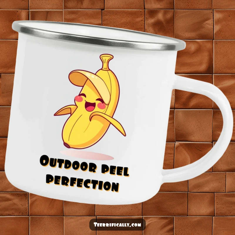 Funny enamel camping mug showcasing a giggling banana comically peeling its own skin, perfect for outdoor adventures.