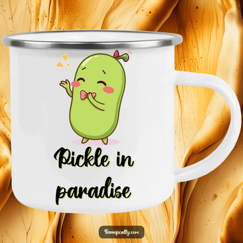 Funny enamel camping mug featuring a sentient pickle in a dramatic bow, ideal for outdoor comedic enjoyment.