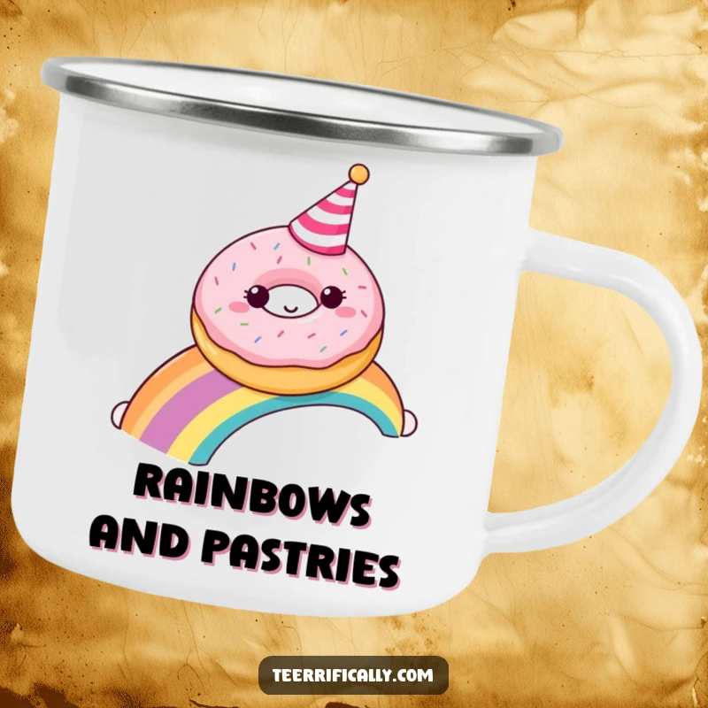 Funny donut with a party hat sliding down a rainbow, printed on a durable camping mug for sweet outdoor enjoyment.