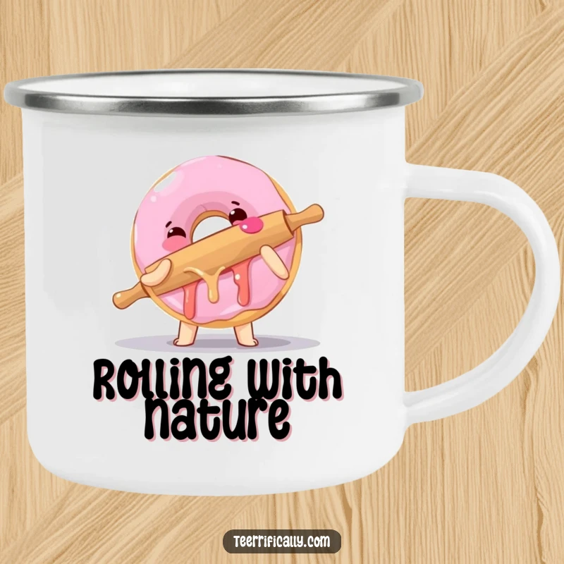 Funny camping mug showing a clumsy donut hugging a rolling pin, ideal for outdoor baking enthusiasts and humorous brews.