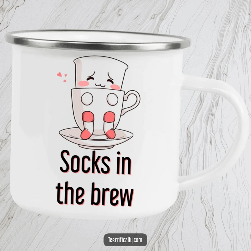Funny camping mug featuring a confused teacup wearing socks, hilariously attempting to float, perfect for whimsical outdoor enjoyment.