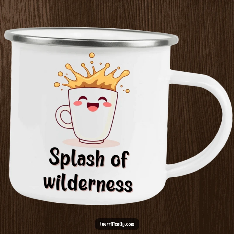 Funny coffee camping mug featuring a smiling cup splashing enthusiastically, perfect for outdoor coffee lovers.