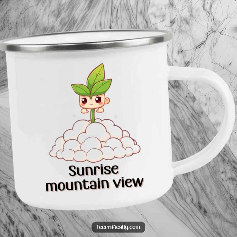 Funny camping mug showing a determined sprout pushing through clouds, celebrating outdoor growth and resilience.