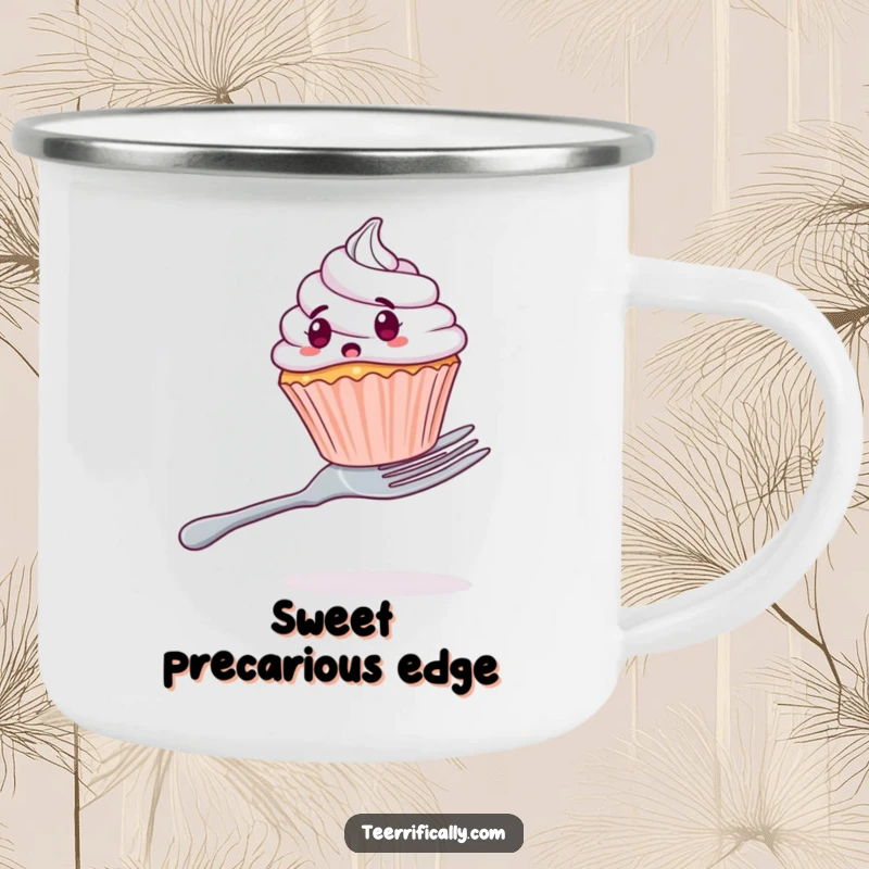 Funny camping mug with a surprised cupcake trying to balance on a giant fork, for outdoor enthusiasts.