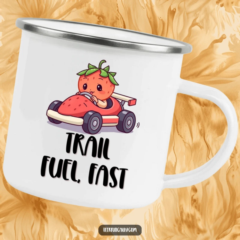 Funny camping mug showing a determined strawberry in a berry race car, ready for hilarious outdoor expeditions and sips.