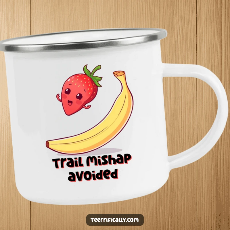 Funny strawberry balance camping mug, on a banana peel with a surprised grin, perfect for outdoor enjoyment.