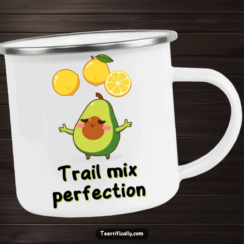 A determined tiny avocado juggling three lemons, printed on a durable camping mug for focused outdoor enjoyment.
