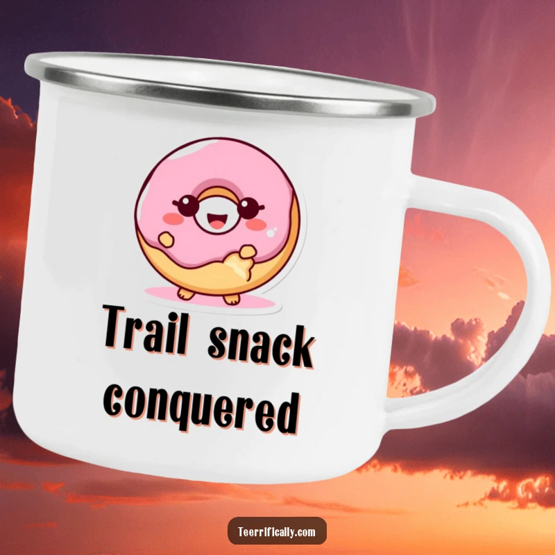 Funny proud donut camping mug, a giggling donut character with a bite taken out, looking happy and proud, perfect for outdoor fun.