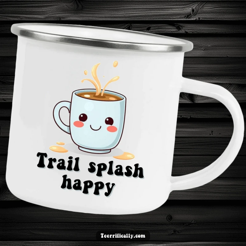 Funny camping mug with a tiny determined coffee mug spilling a steaming latte that forms a smiley face, perfect for outdoor enjoyment.