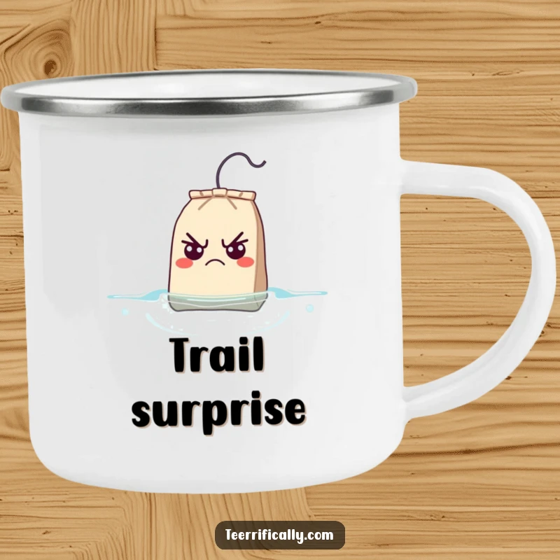 Funny Camping Mug with a grumpy teabag looking surprised as it floats, perfect for enjoying beverages outdoors.