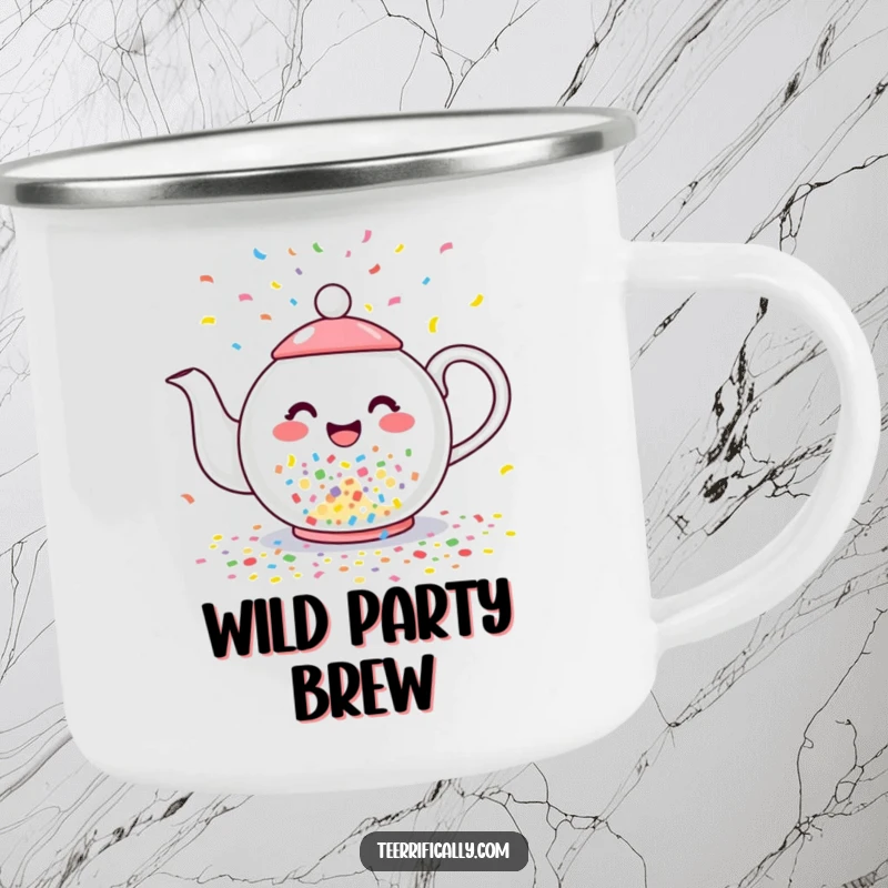 Funny camping mug showing a happy teapot humorously pouring colorful confetti instead of tea, ready for festive outdoor moments.