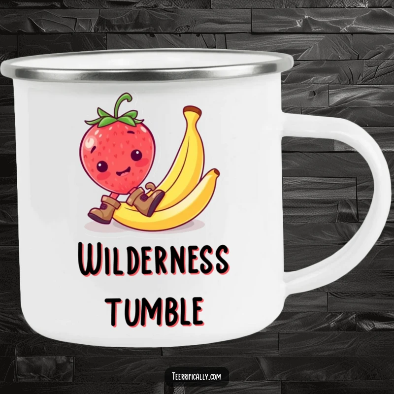 Funny strawberry in tiny boots slipping on a banana peel, on a sturdy enamel camping mug.