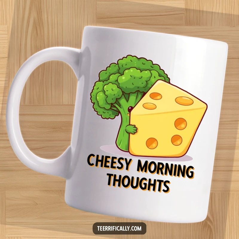 Funny mug showing a shy broccoli floret peeking out from behind a giant, grinning cheese slice, depicting food relationship humor.
