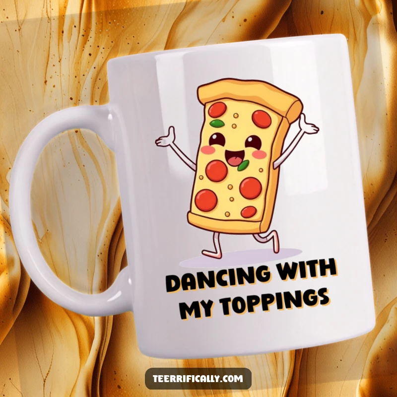 Funny happy slice of pizza dancing joyfully with pepperoni feet, energetic and fun, humorous food mug.