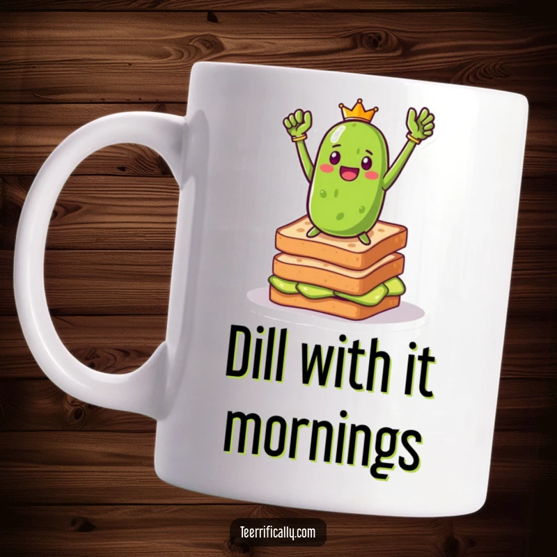 Funny pickle toast hero mug showing a triumphant green pickle striking a heroic pose on a crunchy stack of golden toast, bold and victorious.