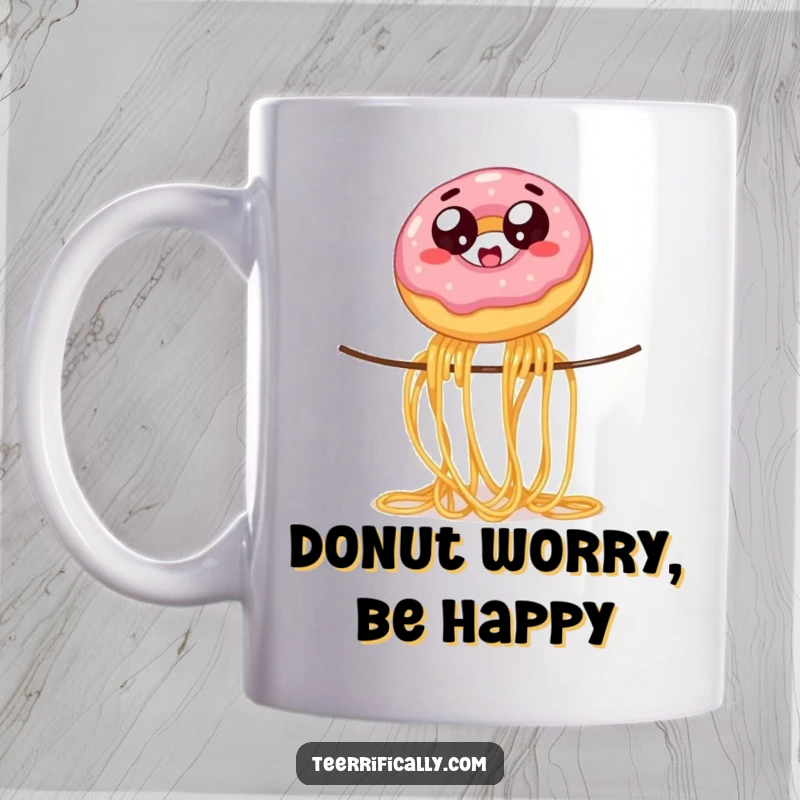 Funny wobbly jelly donut with wide eyes, balancing on a spaghetti strand, on a mug, depicting a humorous and precarious food situation.