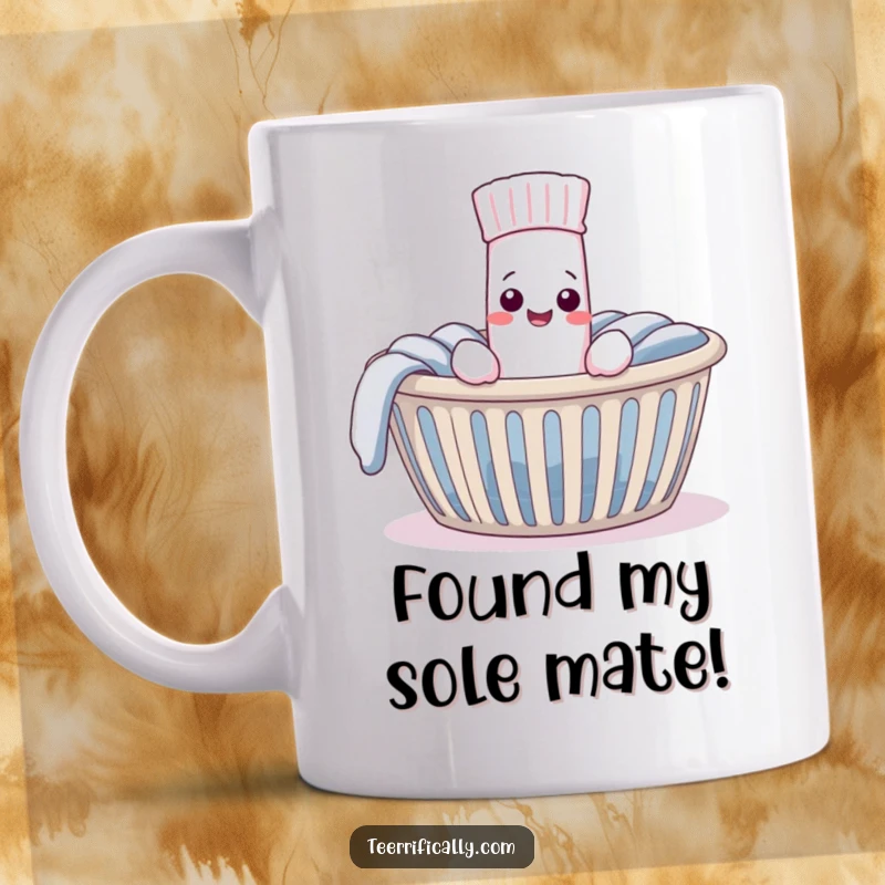 Funny Mug featuring a very pleased sock discovering its mate in a laundry basket, symbolizing relief and happy reunion after being lost.