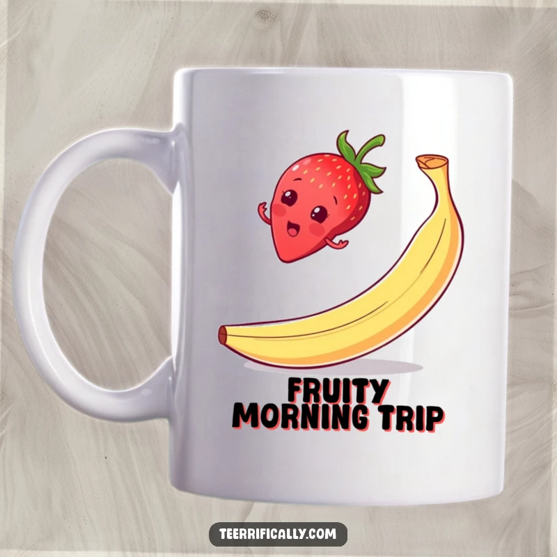Funny strawberry balancing mug, on a banana peel, with a surprised grin, conveying a humorous but precarious situation.