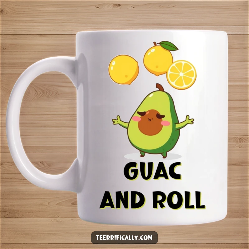 Funny tiny avocado with a determined face juggling three bright lemons, depicted on a mug, showing focus and skill.