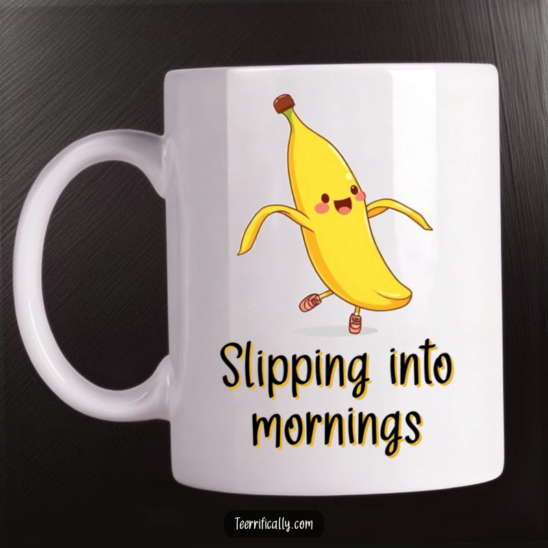 Funny banana peel pirouette mug, a cheerful banana peel in tiny shoes attempting a clumsy ballet spin.