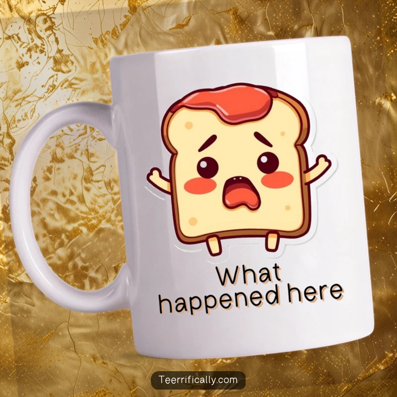 Funny Mug featuring a bewildered piece of toast character with jam spread on its edges in surprise, embodying breakfast shock.
