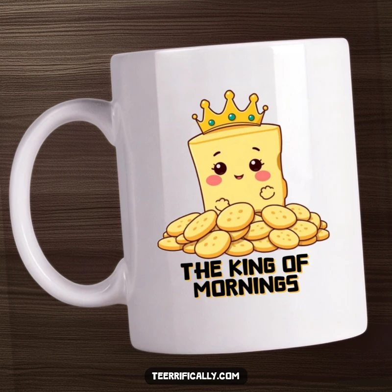 Funny mug with a proud slice of cheese wearing a tiny crown, surveying crackers like a king.