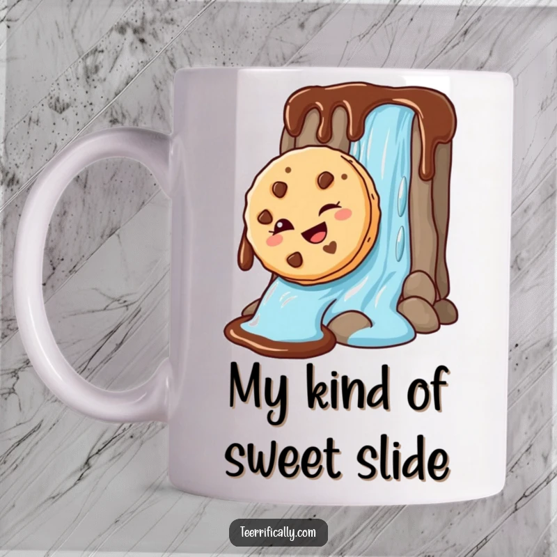 Funny Mug with a winking cookie sliding down a chocolate waterfall, embodying playful mischief and sweet indulgence. A delightful morning companion.
