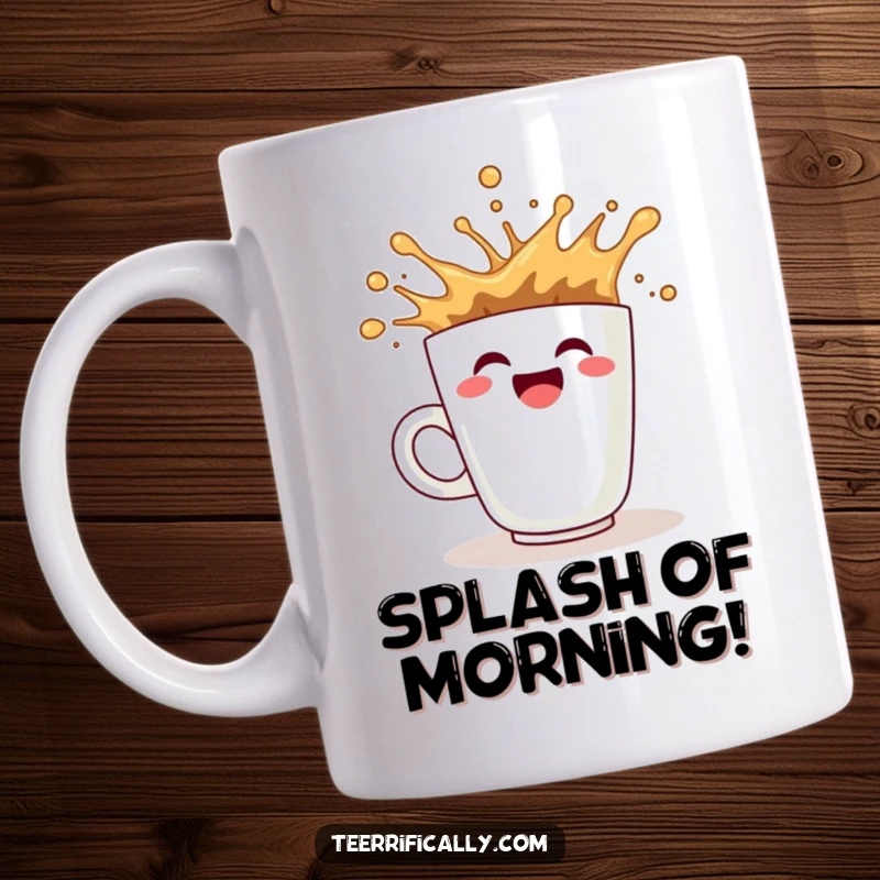 Funny coffee mug showing a cup with a huge smile enthusiastically splashing, embodying morning energy and joy.