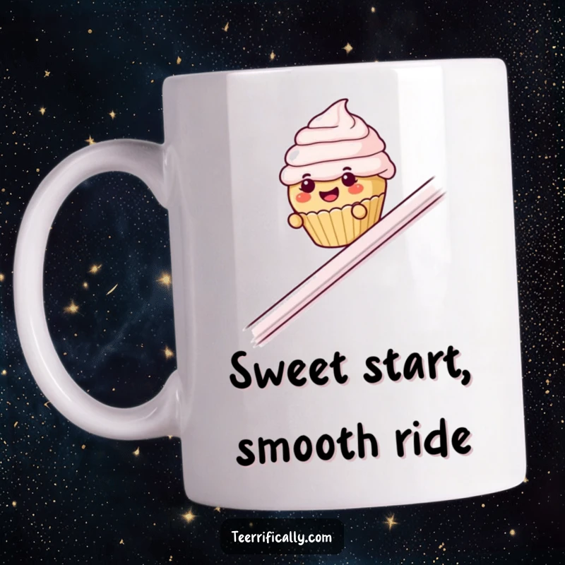 Funny cupcake banister mug, a tiny cupcake with expressive frosting eyebrows joyfully sliding down a banister.