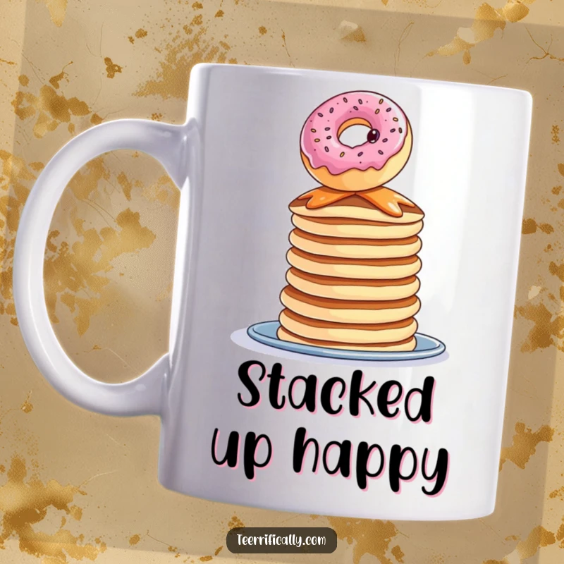 Funny donut pancake mug, a curious donut balancing precariously on a tall stack of pancakes, whimsical and delicious.