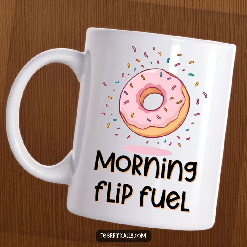 Funny Mug featuring a bouncy donut doing a somersault with colorful sprinkles flying everywhere, symbolizing pure fun and energy.