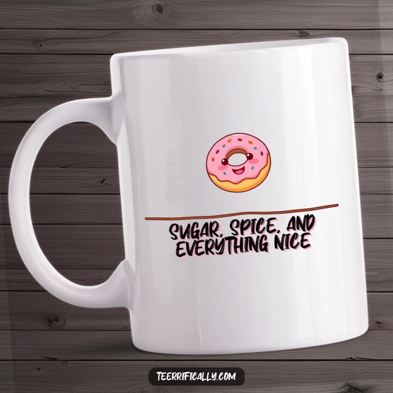 Funny donut mug showing a cheerful, round donut performing a daring tightrope walk with incredible balance and a hint of sweet courage.