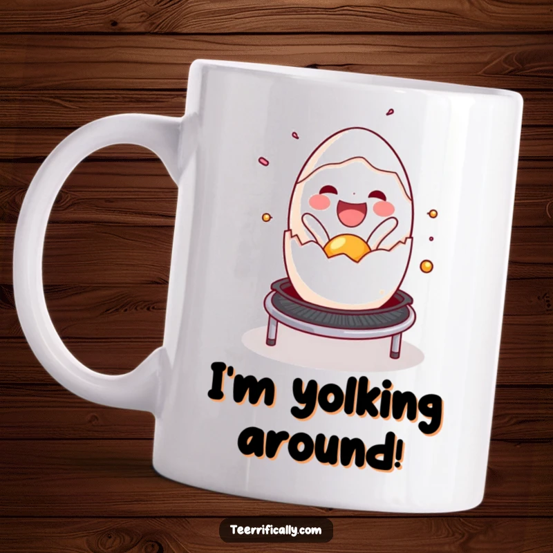 Funny cracked egg mug, spilling out with joy onto a trampoline, conveying pure, unadulterated happiness. Breakfast humor.