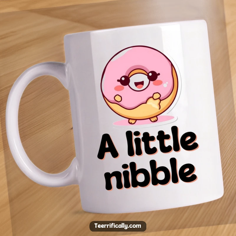 Funny donut mug with a bite taken out, giggling proudly and radiating pure joy, a sweet and humorous gift idea.