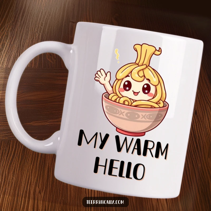 Funny Mug featuring a very happy noodle with googly eyes, waving enthusiastically from a steaming bowl, full of cheerful delight.