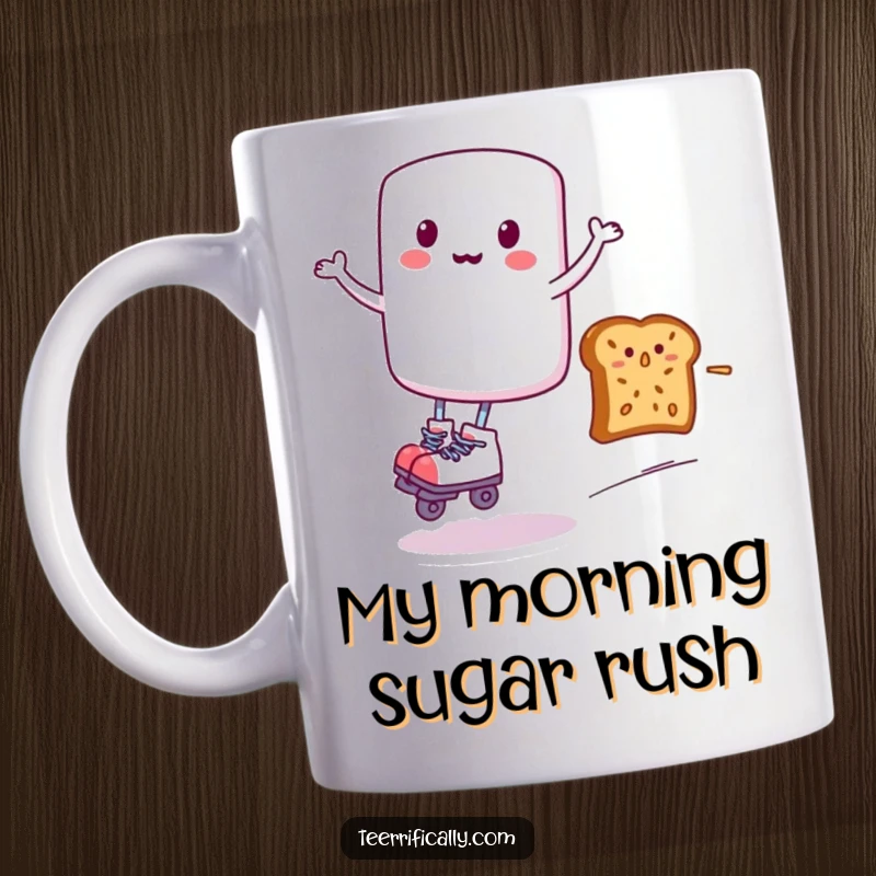 Funny mug with a marshmallow on roller skates, joyfully zooming past a startled slice of toast, capturing a chaotic breakfast chase.