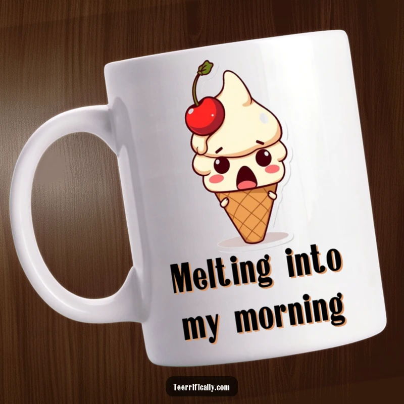 Funny ice cream mug: Surprised ice cream cone character with a cherry melting off its head, a hilarious funny gift.