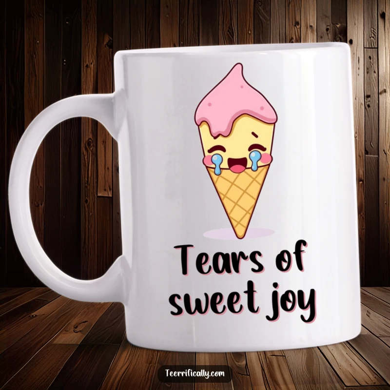 Funny melting ice cream cone shedding a single large tear of joy, symbolizing intense happiness, humorous dessert mug.