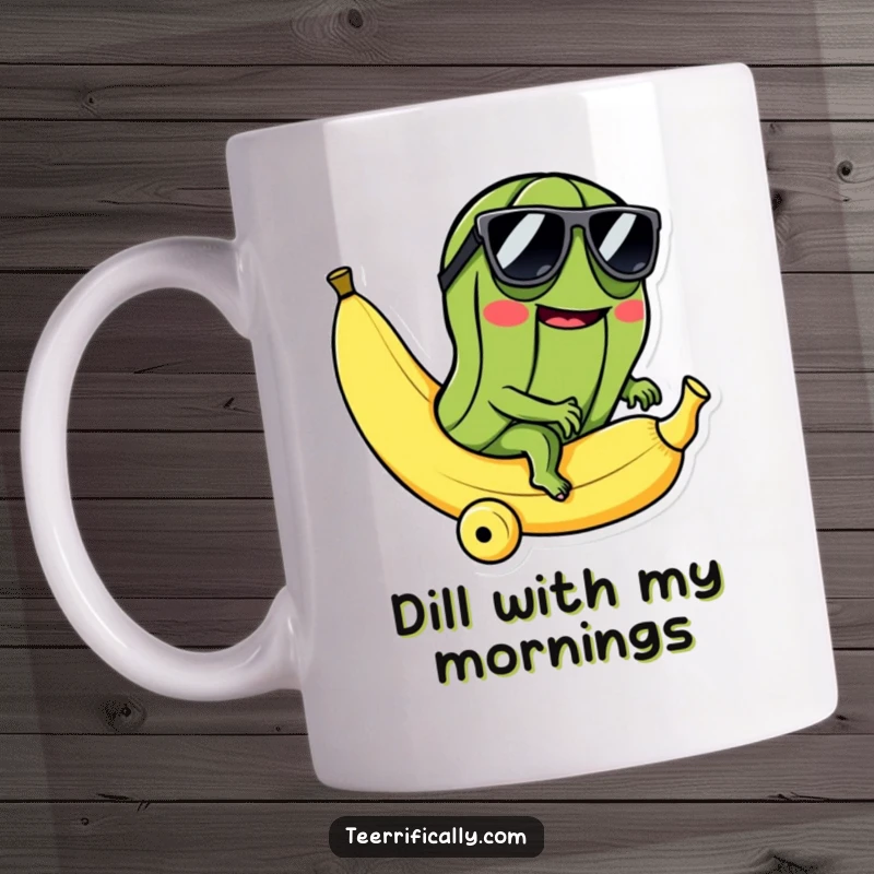 Funny mug shows a mischievous pickle in sunglasses riding a rolling banana, embodying cool, absurd adventure.