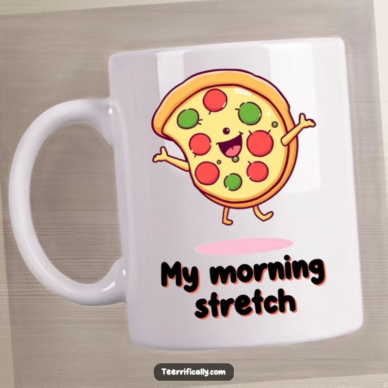 Funny Mug featuring a cheerful pizza slice doing a cartwheel with a wide, cheesy smile, spreading joy and laughter.
