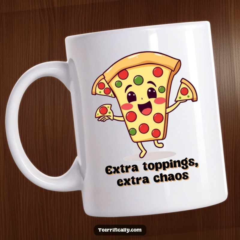 Funny pizza mug: Happy pizza character juggling three runaway pepperoni slices, a hilarious funny gift.