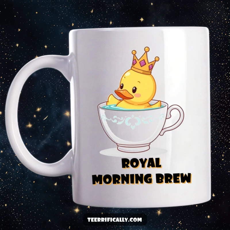 Funny rubber duck wearing a tiny crown floating in a teacup, whimsical mug for a funny gift.