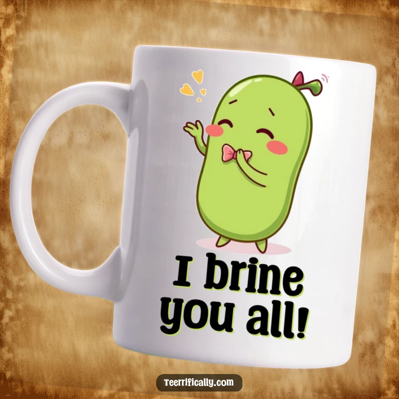 Funny mug featuring a sentient pickle in a dramatic, flourishing bow, radiating comedic energy and playful charm.