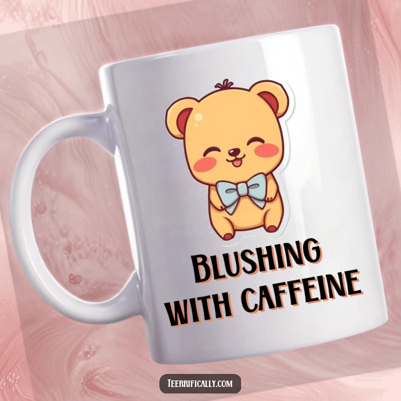 Funny mug featuring a shy hot dog character wearing a tiny bowtie and blushing adorably, radiating sweetness.