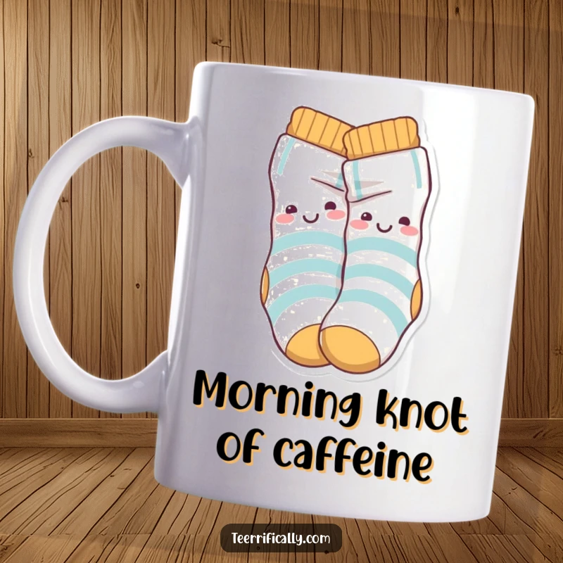 Funny Mug featuring a playful pair of socks characters happily tangled together in a knot, conveying cozy humor.