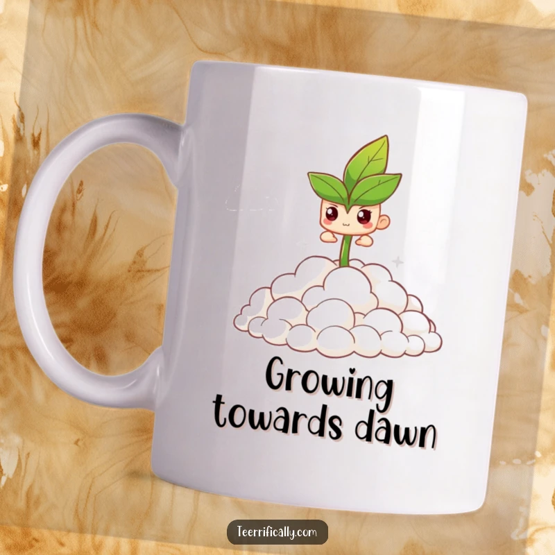 Funny mug showing a small, determined sprout triumphantly pushing through fluffy white clouds, symbolizing growth.
